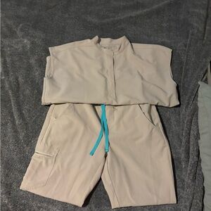 Figs Beige Athletic Set with Blue Accents